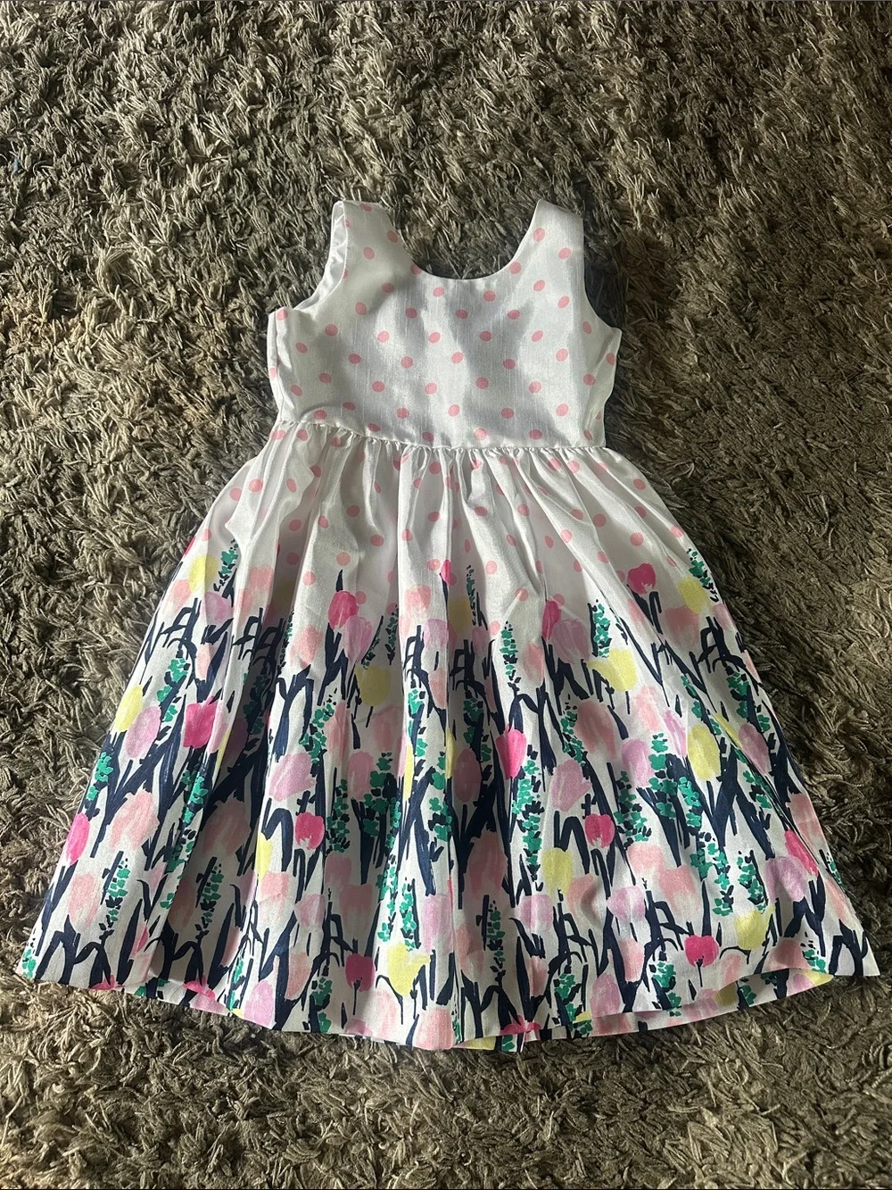 Gymboree White Dress with Pink Polka Dot Bodice and Multicolor Floral Skirt
